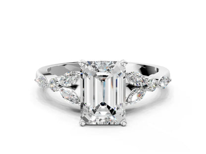 Emerald Cut Lab Diamond Solitaire Ring with Side Stones and Four-Prong Setting| D VS1