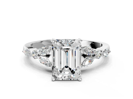 Emerald Cut Lab Diamond Solitaire Ring with Side Stones and Four-Prong Setting| D VS1