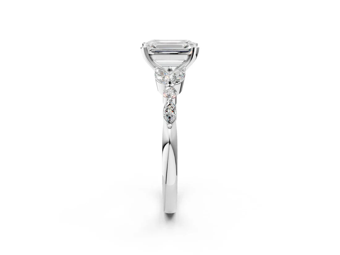 Emerald Cut Lab Diamond Solitaire Ring with Side Stones and Four-Prong Setting| D VS1