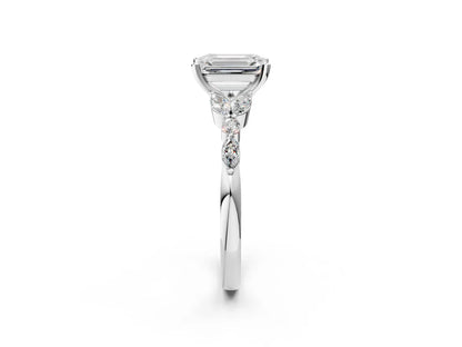 Emerald Cut Lab Diamond Solitaire Ring with Side Stones and Four-Prong Setting| D VS1