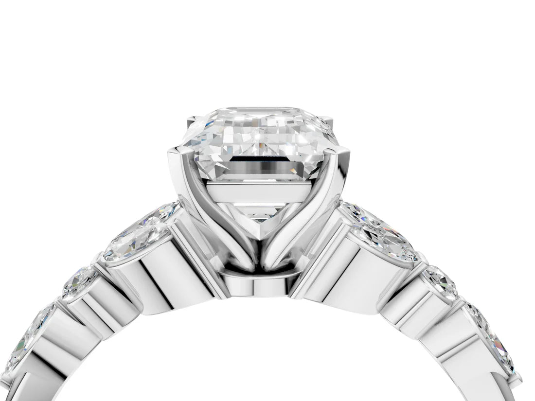 Emerald Cut Lab Diamond Solitaire Ring with Side Stones and Four-Prong Setting| D VS1