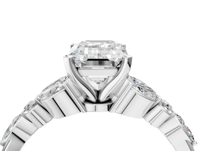 Emerald Cut Lab Diamond Solitaire Ring with Side Stones and Four-Prong Setting| D VS1