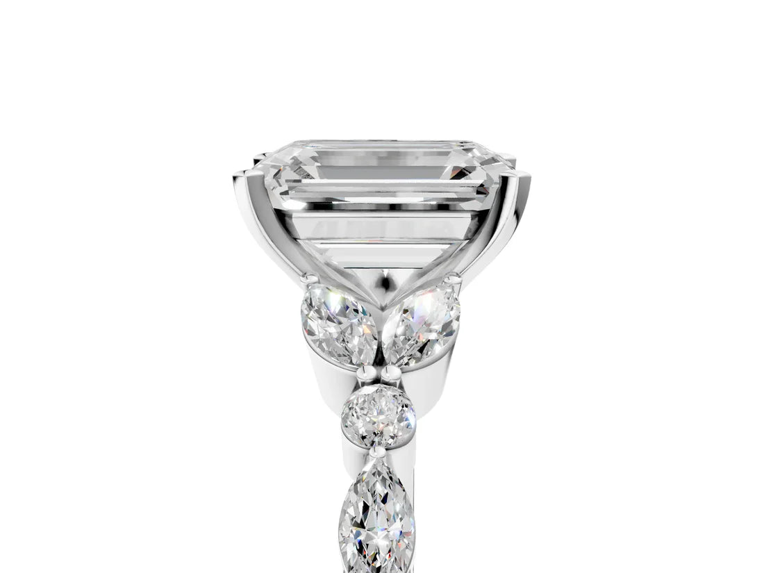 Emerald Cut Lab Diamond Solitaire Ring with Side Stones and Four-Prong Setting| D VS1