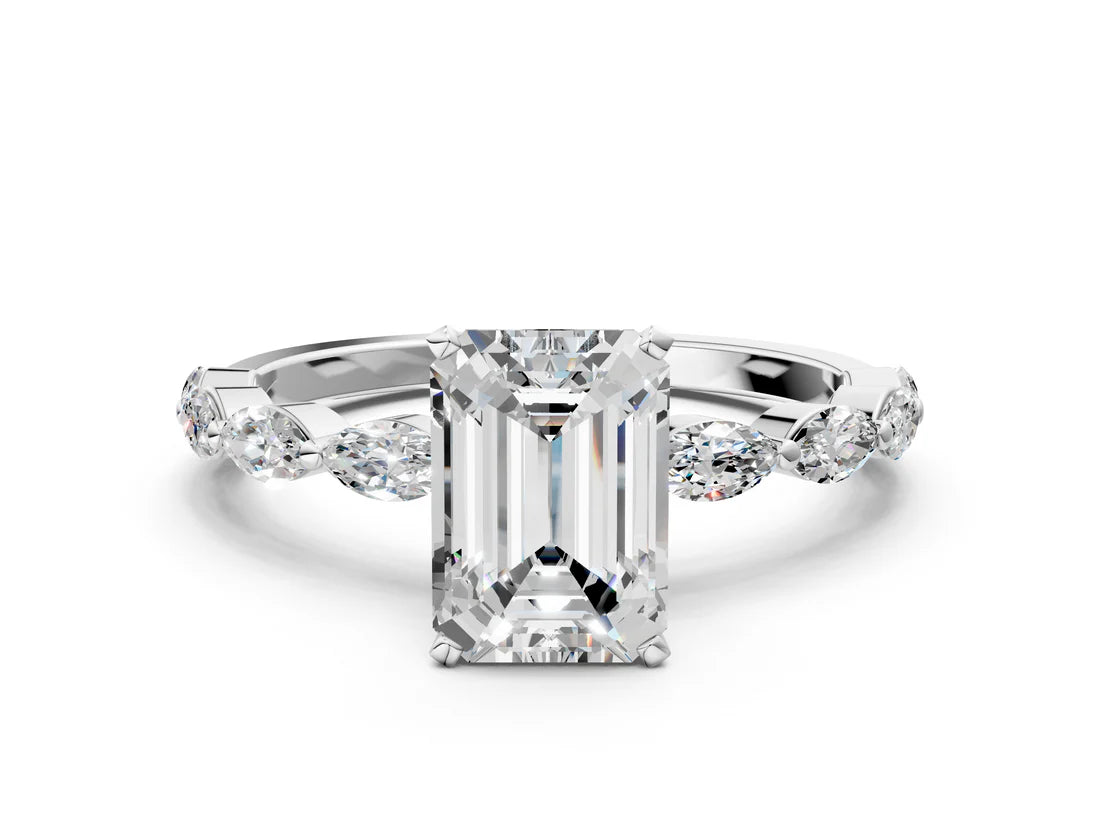 Emerald Cut Lab Diamond Ring with Marquise Side Stones and Prong Setting| D VS1