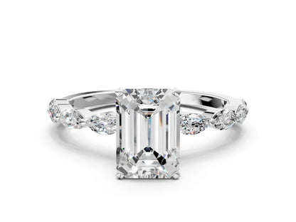 Emerald Cut Lab Diamond Ring with Marquise Side Stones and Prong Setting| D VS1