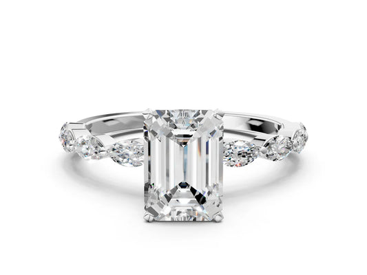 Emerald Cut Lab Diamond Ring with Marquise Side Stones and Prong Setting| D VS1