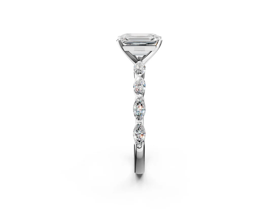 Emerald Cut Lab Diamond Ring with Marquise Side Stones and Prong Setting| D VS1