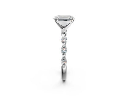 Emerald Cut Lab Diamond Ring with Marquise Side Stones and Prong Setting| D VS1