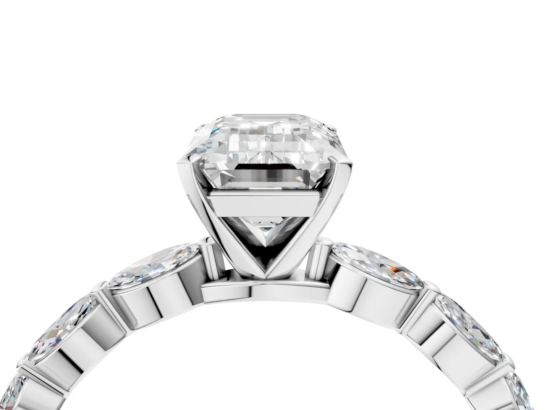 Emerald Cut Lab Diamond Ring with Marquise Side Stones and Prong Setting| D VS1