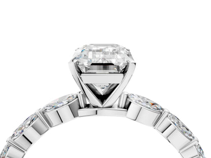 Emerald Cut Lab Diamond Ring with Marquise Side Stones and Prong Setting| D VS1