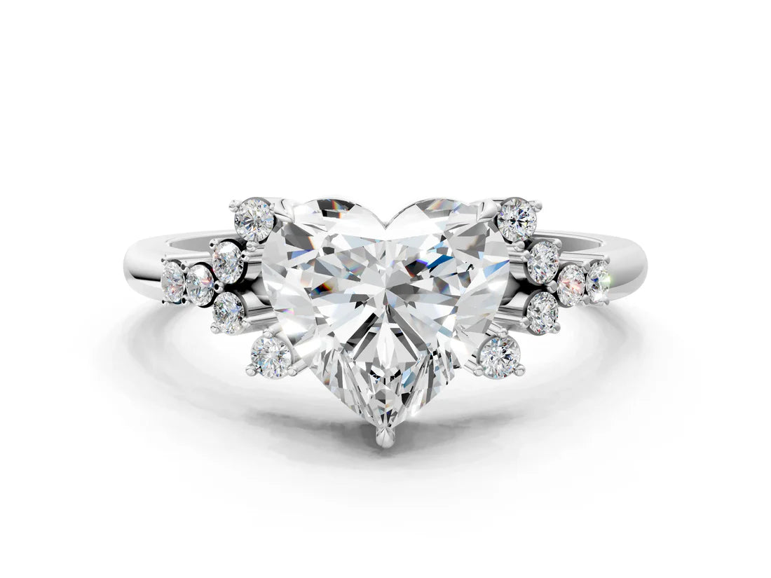 Heart Cut Lab Diamond Ring with Side Stones and Four-Prong Setting| D VS1