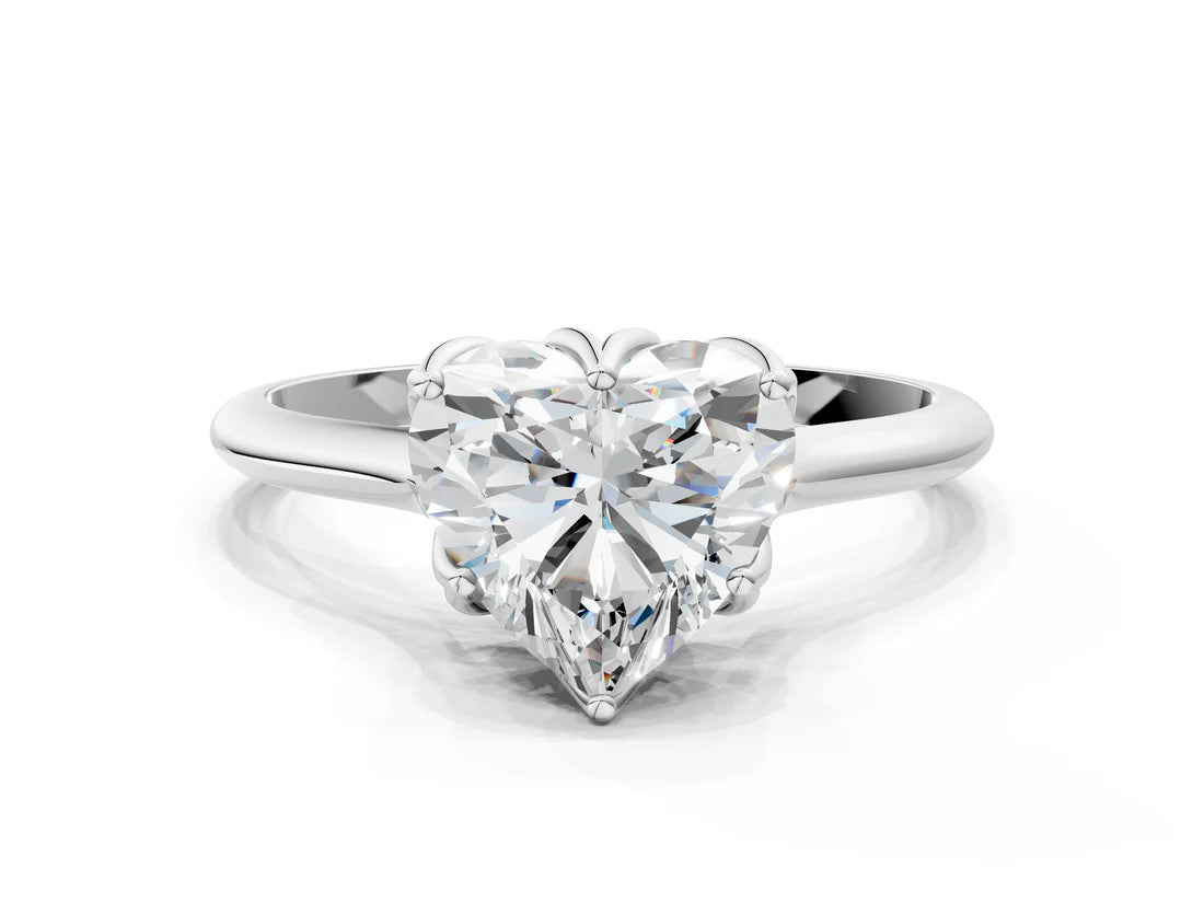 Heart Cut Lab Diamond Solitaire Ring with Flower Prong Setting and Classic Band| D VS1