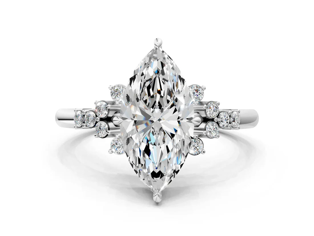 Marquise Cut Lab Diamond Ring with Side Stones and Four-Prong Setting| D VS1