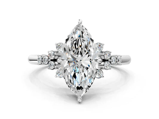Marquise Cut Lab Diamond Ring with Side Stones and Four-Prong Setting| D VS1