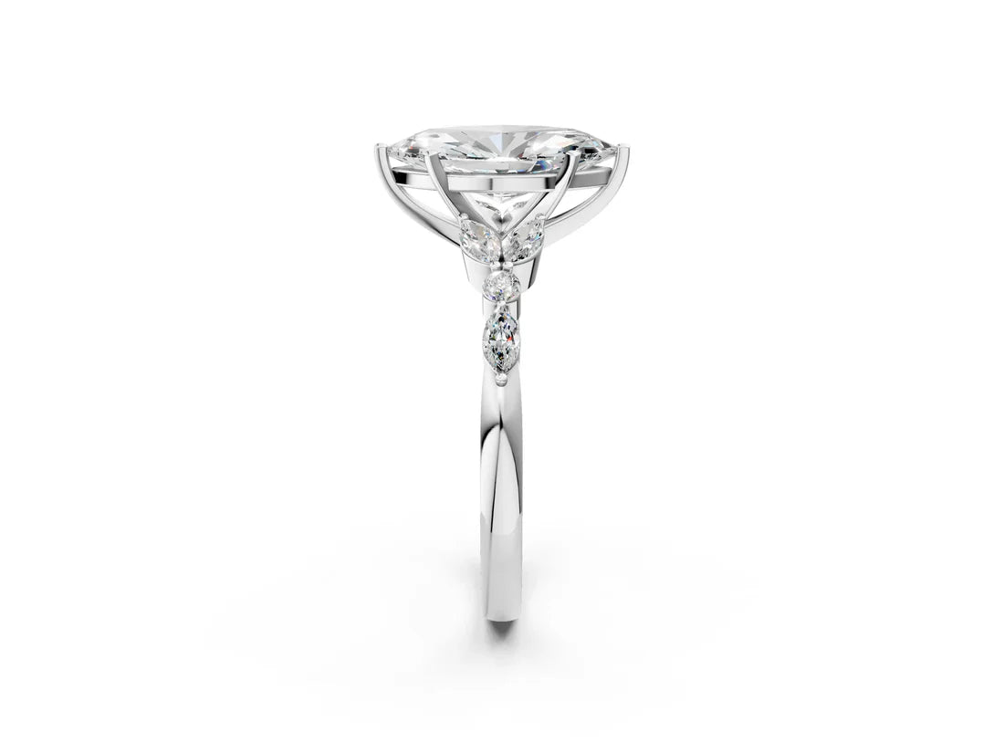 Marquise Cut Lab Diamond Solitaire Ring with Side Stones and Four-Prong Setting| D VS1