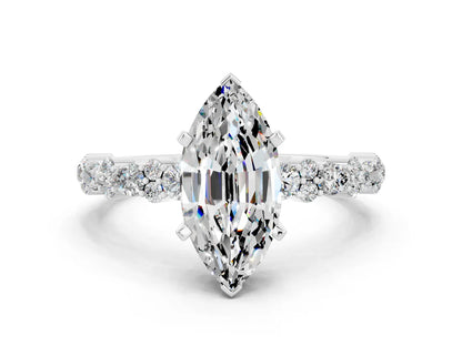 Marquise Cut Lab Diamond Side Stone Solitaire Ring with Round and Four-Prong Setting| D VS1