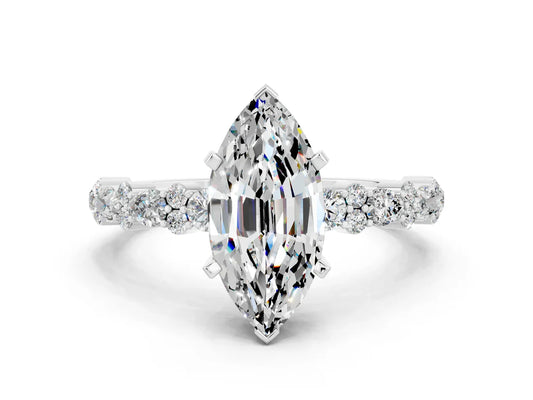 Marquise Cut Lab Diamond Side Stone Solitaire Ring with Round and Four-Prong Setting| D VS1