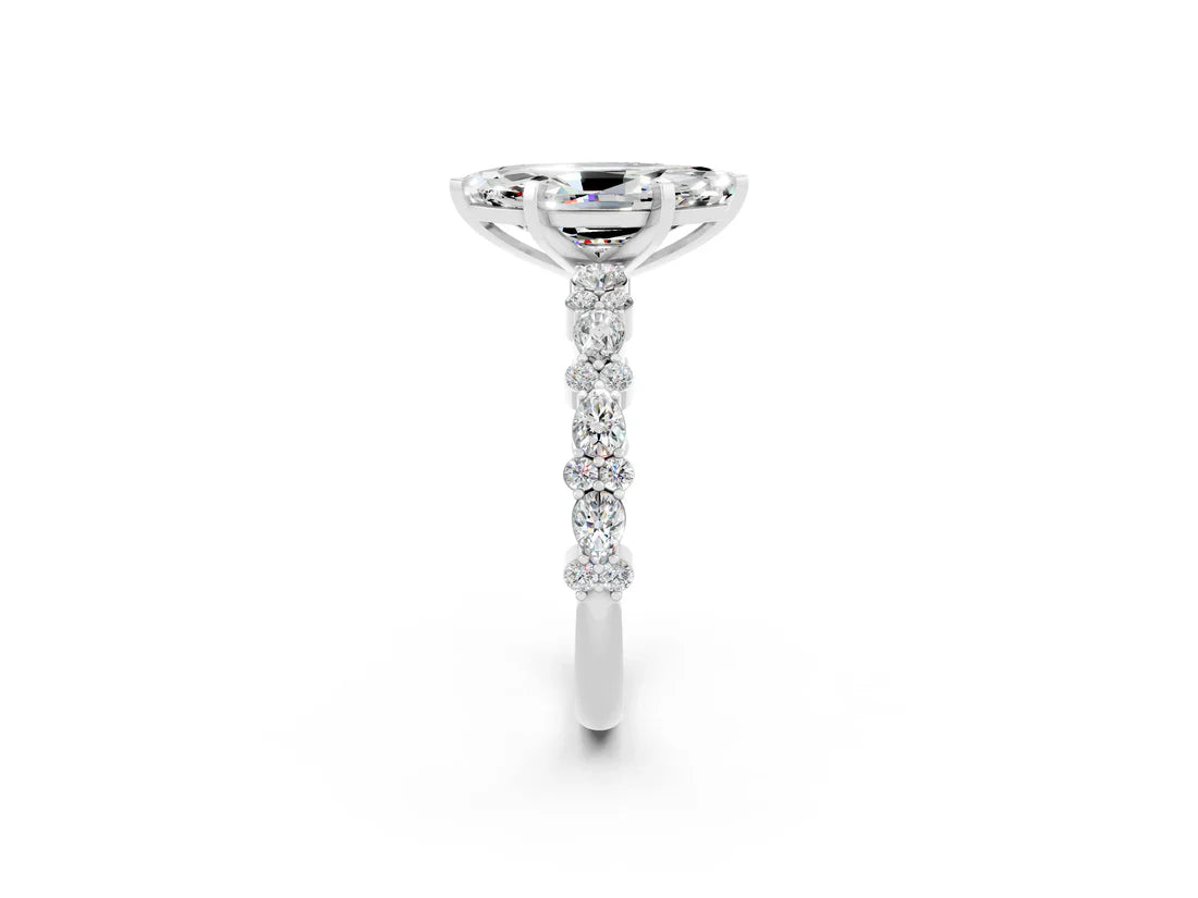 Marquise Cut Lab Diamond Side Stone Solitaire Ring with Round and Four-Prong Setting| D VS1