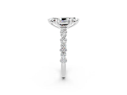 Marquise Cut Lab Diamond Side Stone Solitaire Ring with Round and Four-Prong Setting| D VS1