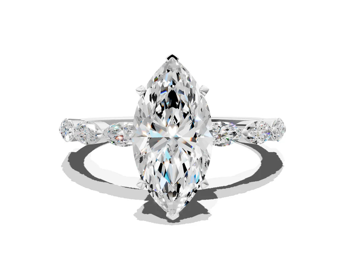 Marquise Cut Lab Diamond Ring with Marquise Side Stones and Prong Setting| D VS1