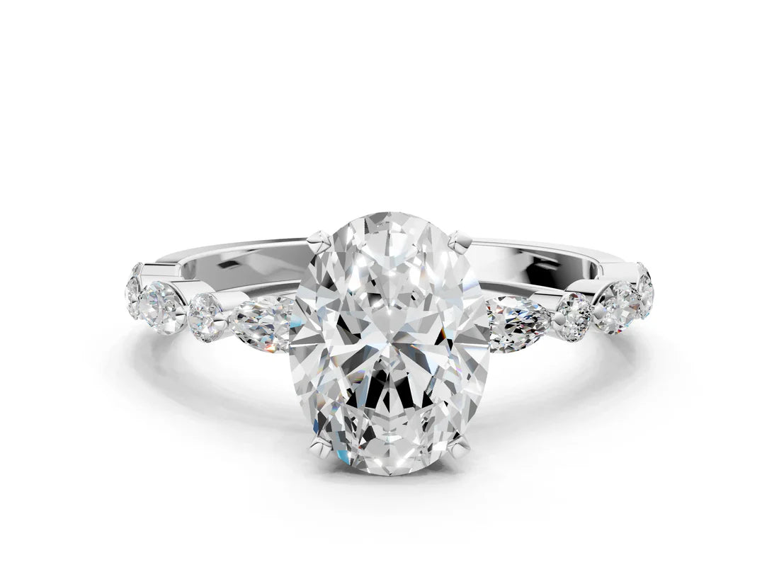 Oval Cut Diamond Ring with Marquise and Round Side Stones and Four-Prong Setting| D VS1
