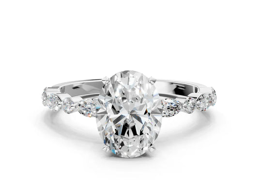Oval Cut Diamond Ring with Marquise and Round Side Stones and Four-Prong Setting| D VS1