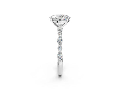Oval Cut Diamond Ring with Marquise and Round Side Stones and Four-Prong Setting| D VS1