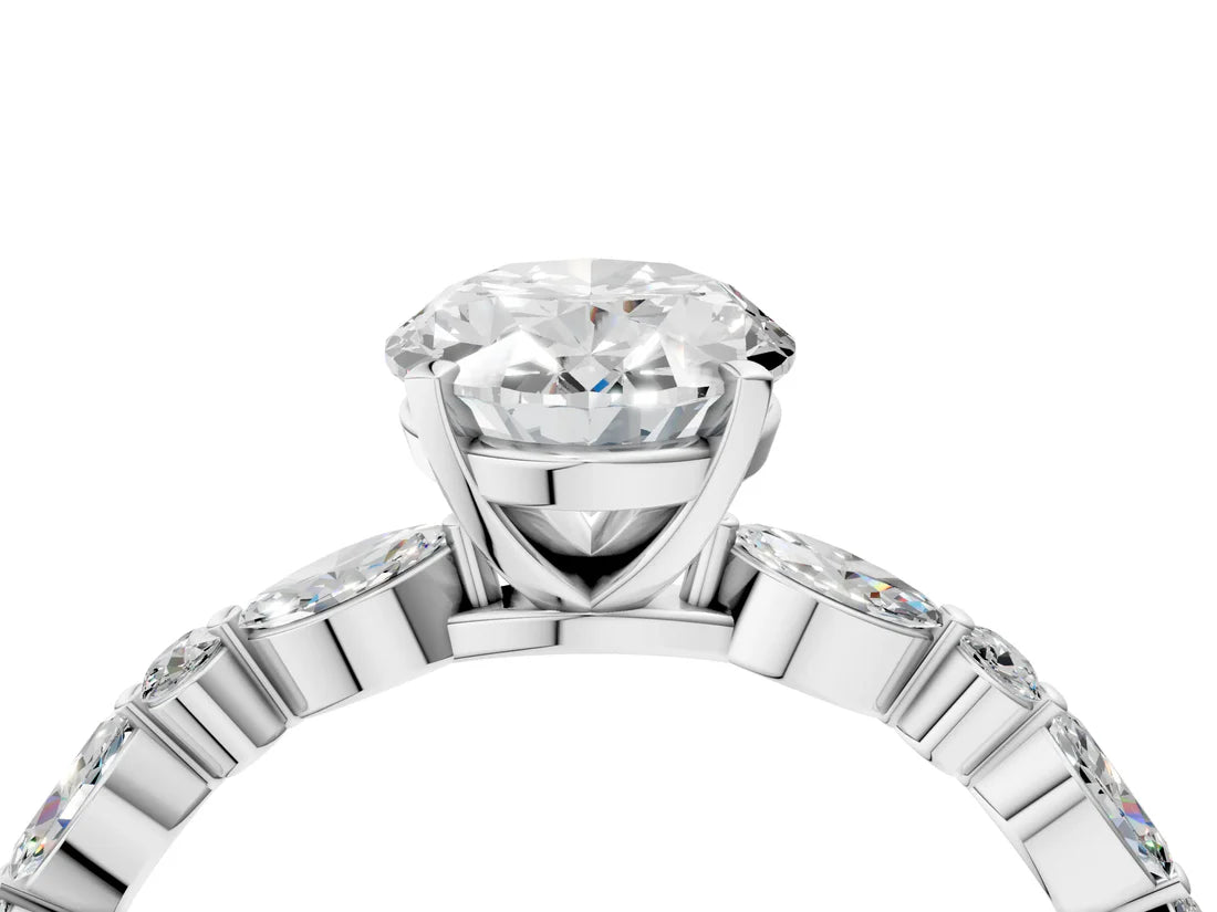 Oval Cut Diamond Ring with Marquise and Round Side Stones and Four-Prong Setting| D VS1