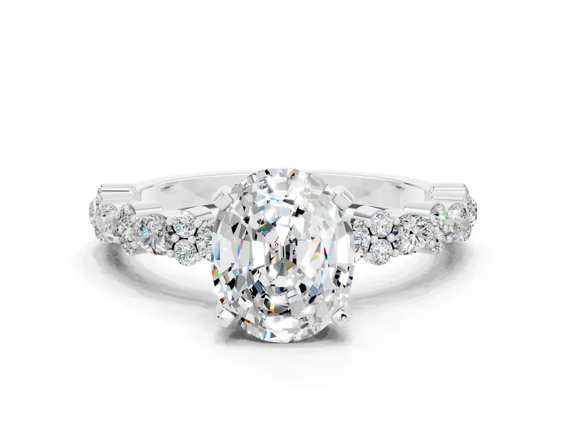 Oval Cut Lab Diamond Side Stone Solitaire Ring with Round and Four-Prong Setting| D VS1