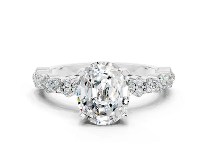 Oval Cut Lab Diamond Side Stone Solitaire Ring with Round and Four-Prong Setting| D VS1