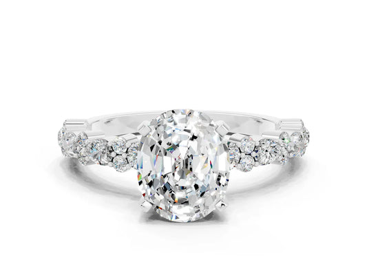 Oval Cut Lab Diamond Side Stone Solitaire Ring with Round and Four-Prong Setting| D VS1