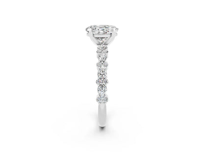 Oval Cut Lab Diamond Side Stone Solitaire Ring with Round and Four-Prong Setting| D VS1