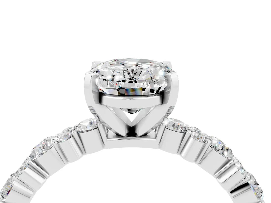 Oval Cut Lab Diamond Side Stone Solitaire Ring with Round and Four-Prong Setting| D VS1