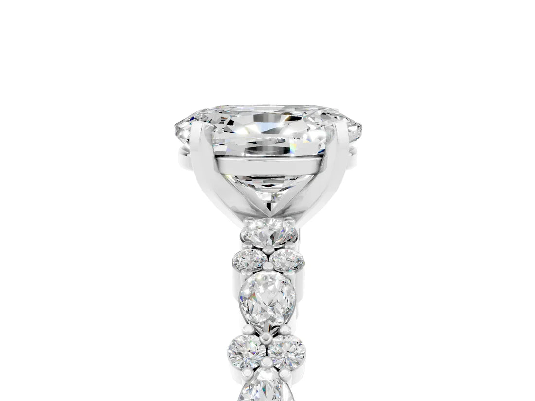 Oval Cut Lab Diamond Side Stone Solitaire Ring with Round and Four-Prong Setting| D VS1
