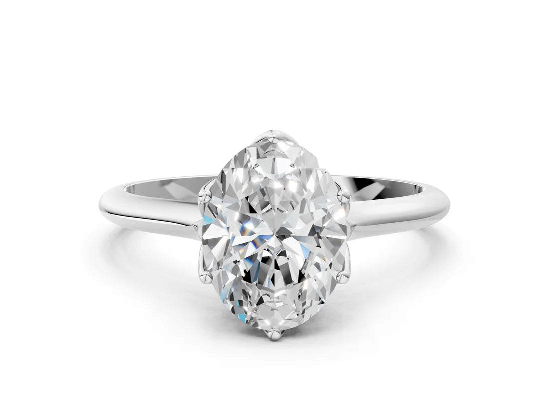 Oval Cut Lab Diamond Solitaire Ring with Flower Prong Setting and Classic Band| D VS1