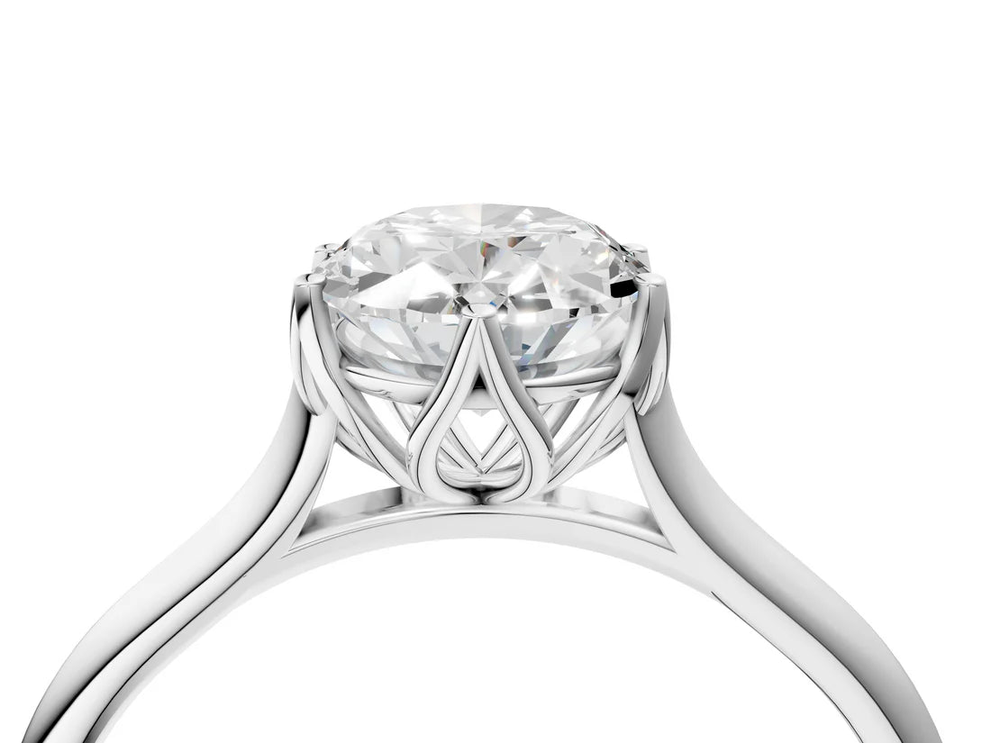Oval Cut Lab Diamond Solitaire Ring with Flower Prong Setting and Classic Band| D VS1