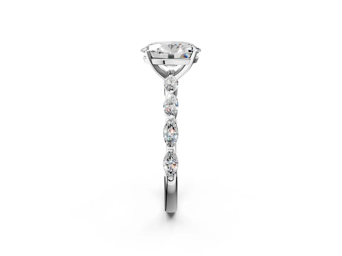 Oval Cut Lab Diamond Ring with Marquise Side Stones and Prong Setting| D VS1