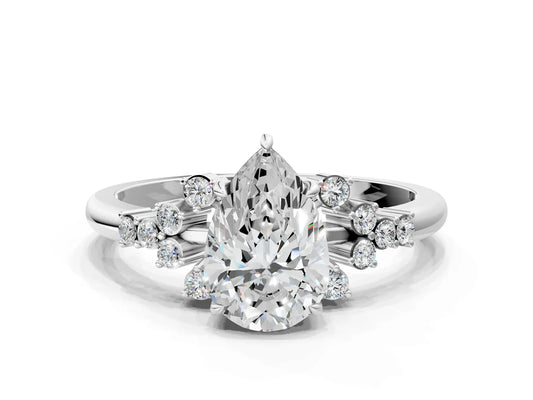 Pear Cut Lab Diamond Ring with Side Stones and Four-Prong Setting| D VS1