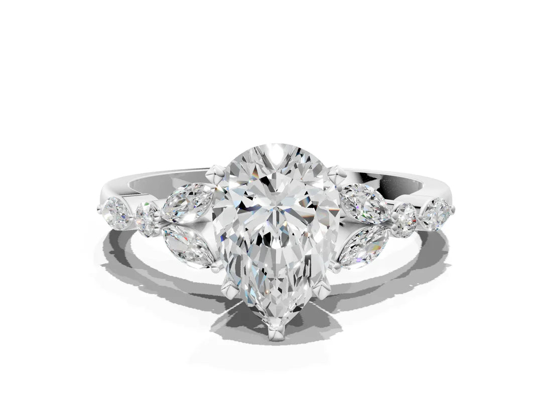 Pear Cut Lab Diamond Solitaire Ring with Side Stones and Four-Prong Setting| D VS1