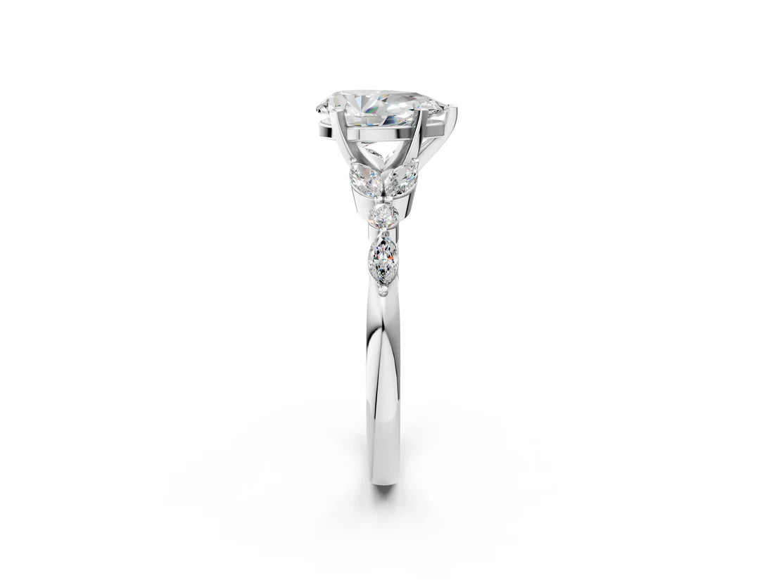 Pear Cut Lab Diamond Solitaire Ring with Side Stones and Four-Prong Setting| D VS1