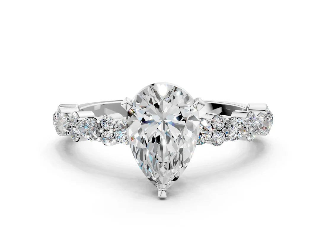 Pear Cut Lab Diamond Side Stone Solitaire Ring with Round and Four-Prong Setting| D VS1