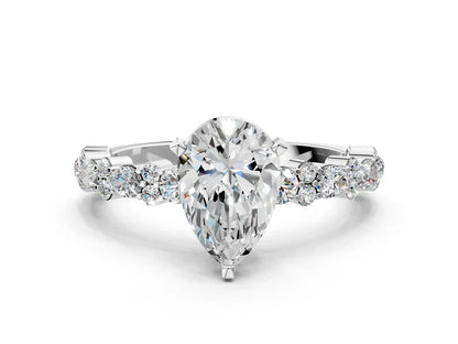 Pear Cut Lab Diamond Side Stone Solitaire Ring with Round and Four-Prong Setting| D VS1