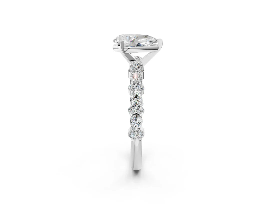 Pear Cut Lab Diamond Side Stone Solitaire Ring with Round and Four-Prong Setting| D VS1