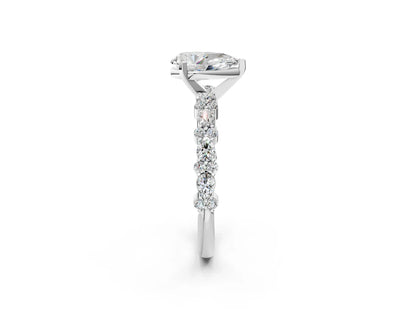 Pear Cut Lab Diamond Side Stone Solitaire Ring with Round and Four-Prong Setting| D VS1