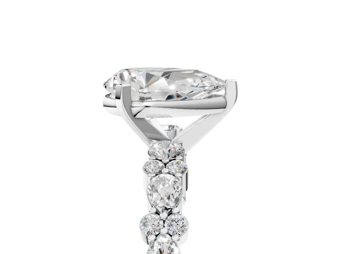 Pear Cut Lab Diamond Side Stone Solitaire Ring with Round and Four-Prong Setting| D VS1