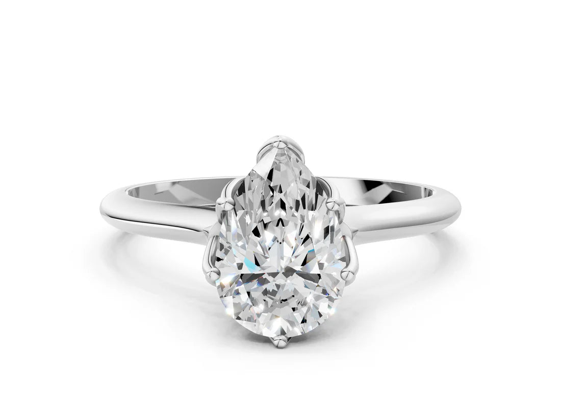 Pear Cut Lab Diamond Solitaire Ring with Flower Prong Setting and Classic Band| D VS1