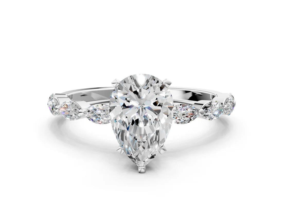 Pear Cut Lab Diamond Ring with Marquise Side Stones and Prong Setting| D VS1