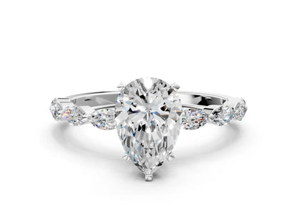 Pear Cut Lab Diamond Ring with Marquise Side Stones and Prong Setting| D VS1