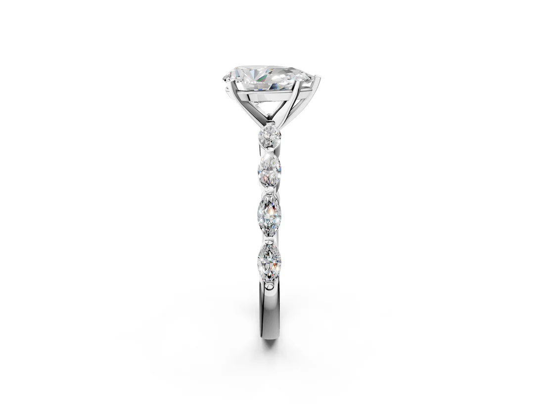 Pear Cut Lab Diamond Ring with Marquise Side Stones and Prong Setting| D VS1