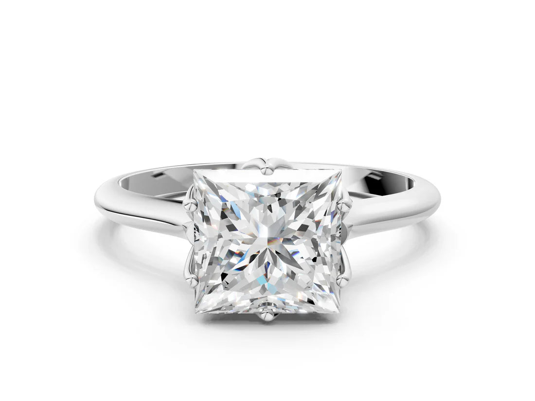 Princess Cut Lab Diamond Solitaire Ring with Flower Prong Setting and Classic Band| D VS1